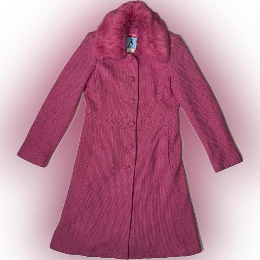 Vintage Marciano Mid-Length Pink Wool Blend Lined Coat w/ Rabbit Fur
